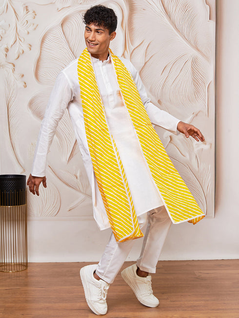Men's White Cotton Kurta,Pyjama And Dupatta Set